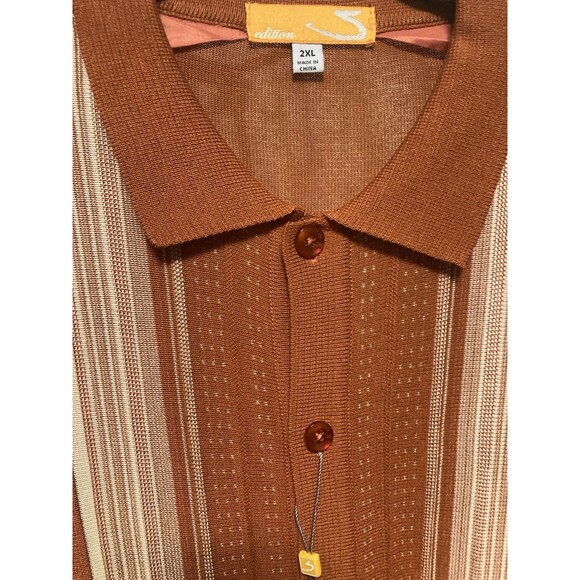 Edition S Men's Short Sleeve Knit Shirt Medium Button Down Stripes Rayon Rust - Picture 6 of 8